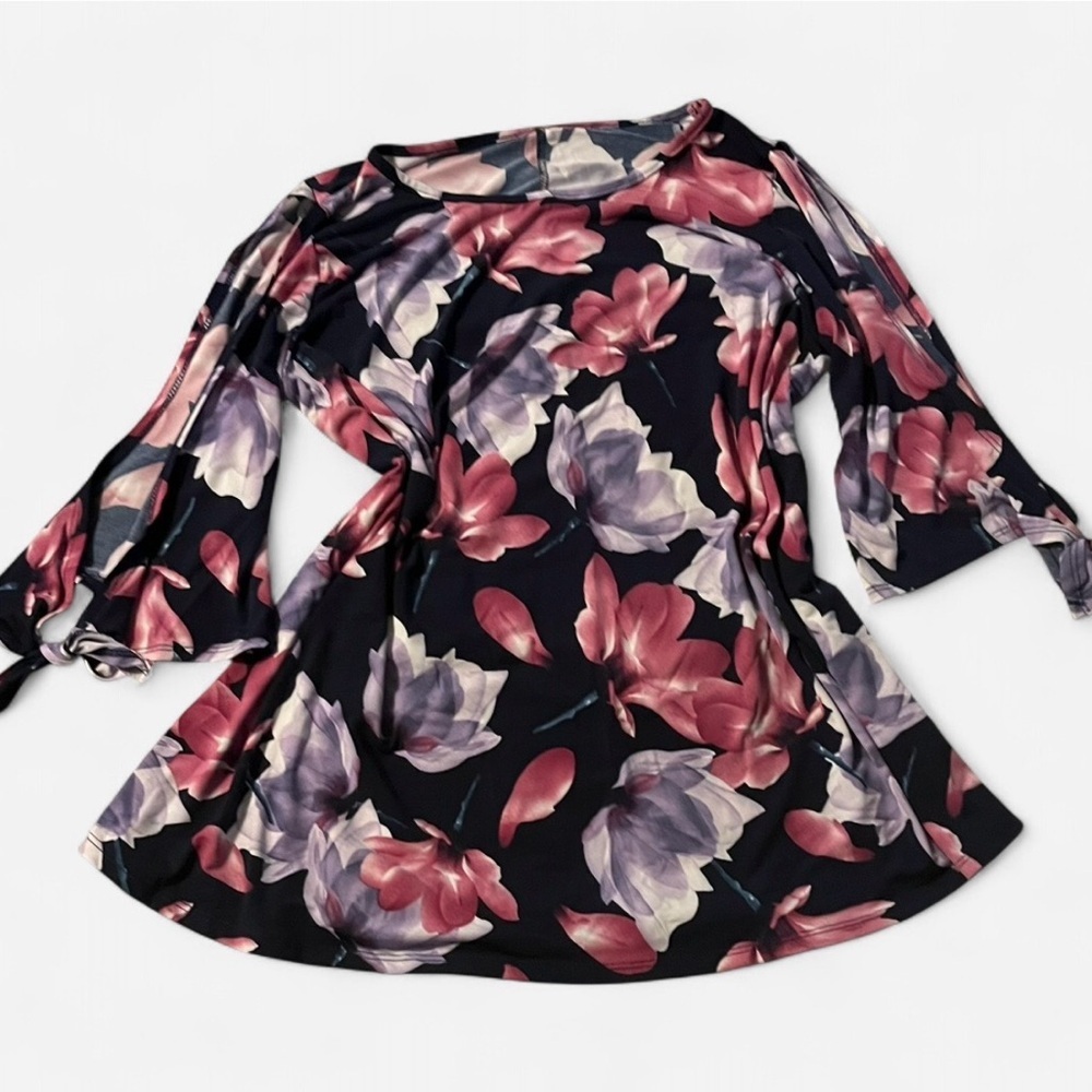 MTS Bold Floral Print Tunic, Open Arm with Wrist Tie Detail, Pink Purple, Sz L